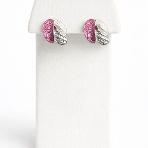 Pink Silver Leaf Stud Earrings Textured Nature Inspired